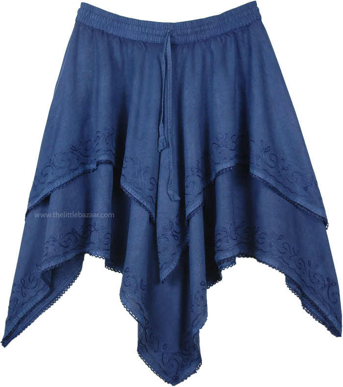 Denim Blue Handkerchief Hem Double Layered Skirt