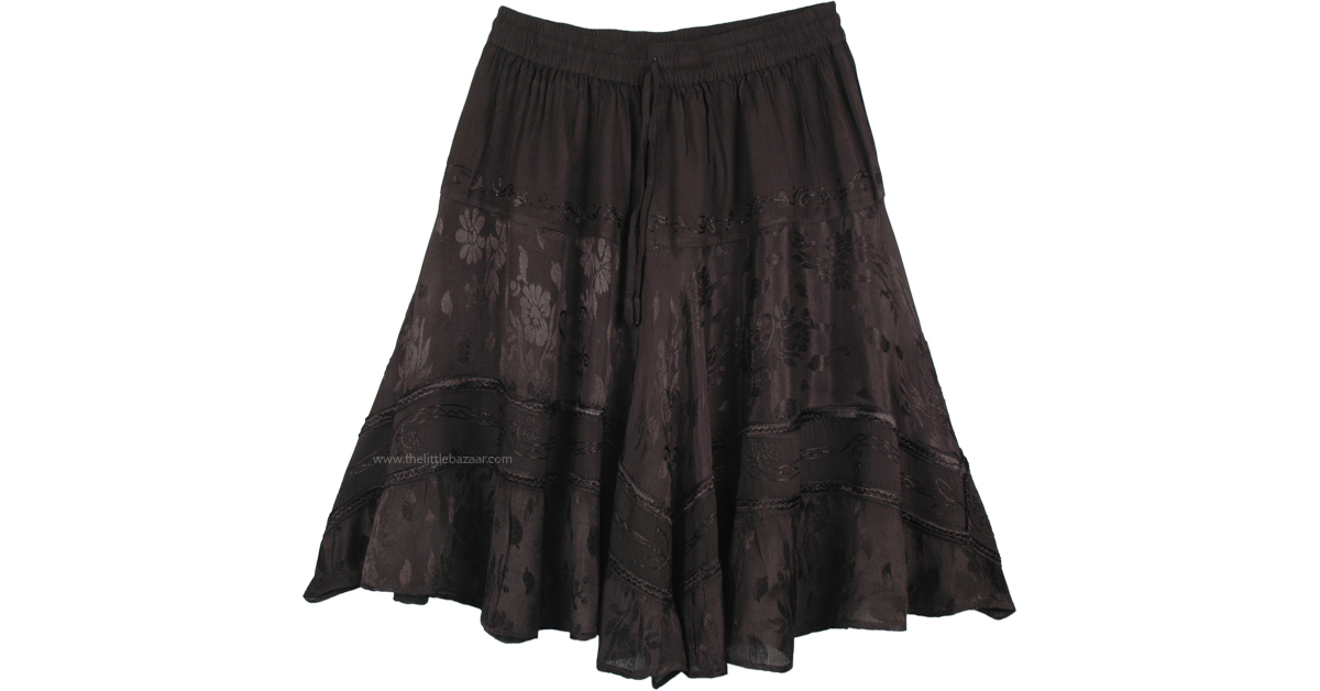 Night Black Knee Length Western Style Gypsy Skirt Short Skirts Black Patchwork Embroidered Junior Petite Misses Solid Halloween Western Skirts