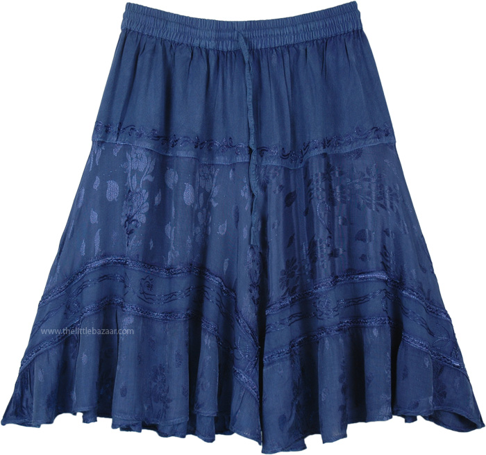 Denim Blue Knee Length Western Skirt with Elastic Waist