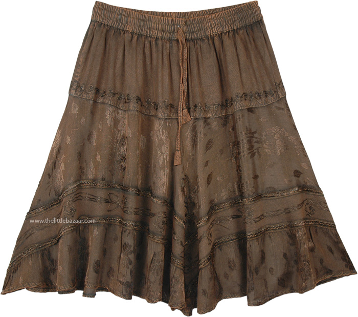 Cedar Brown Knee Length Western Skirt with Elastic Waist