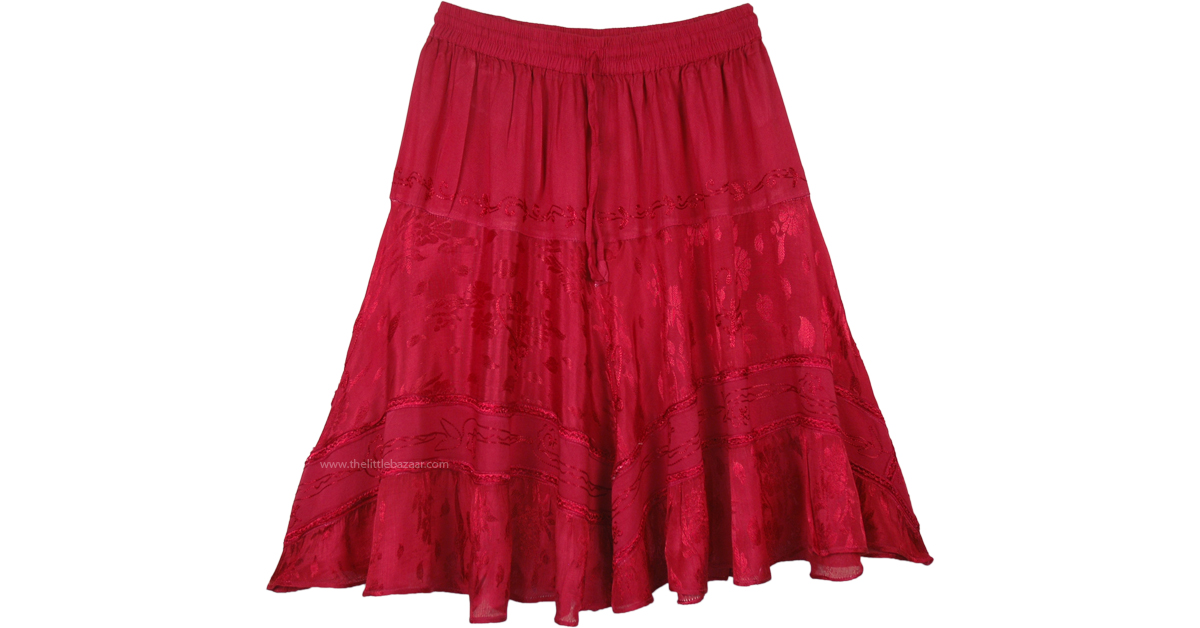 Pomegranate Knee Length Western Skirt with Elastic Waist ShortSkirts