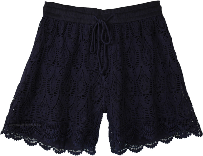 Scalloped Hem Navy Blue Cotton Crochet Shorts For Women | Shorts | Blue ...