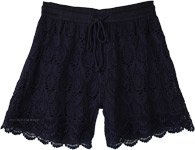 Navy Blue Crochet Shorts with Elastic Waist Scalloped Hem [6686]