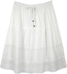 Pure White Knee Length Cotton Eyelet Skirt with Elastic Waist