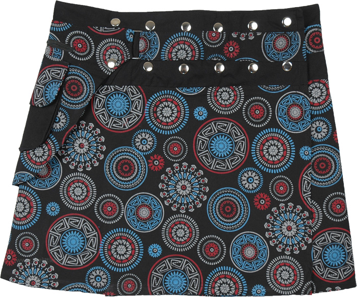 Black Mandala Hippie Mini Skirt with Fanny Pack and Wrap Waist