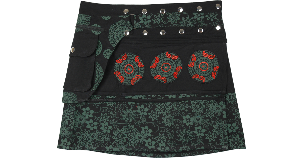 Black and Green Floral Snap Wrap Short Skirt | Short-Skirts | Black ...