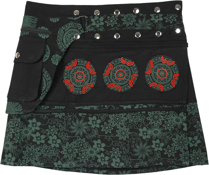 Black and Green Floral Snap Wrap Short Skirt | Short-Skirts | Black ...