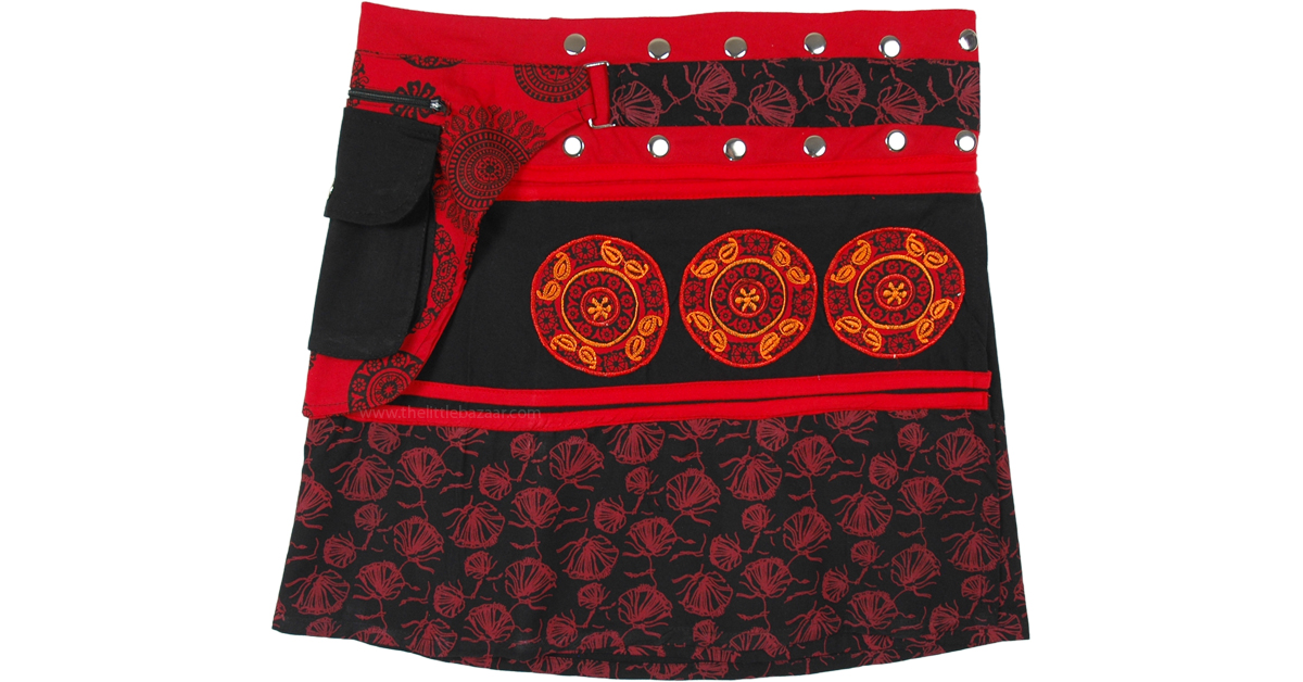 Cotton Short Snap Wrap Skirt Black Red with Fanny Pack | Short-Skirts ...