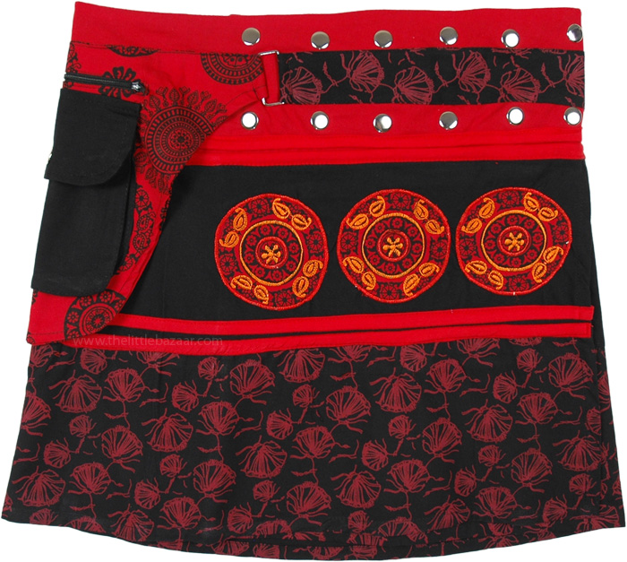 Cotton Short Snap Wrap Skirt Black Red with Fanny Pack