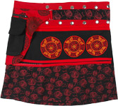 Cotton Short Snap Wrap Skirt Black Red with Fanny Pack