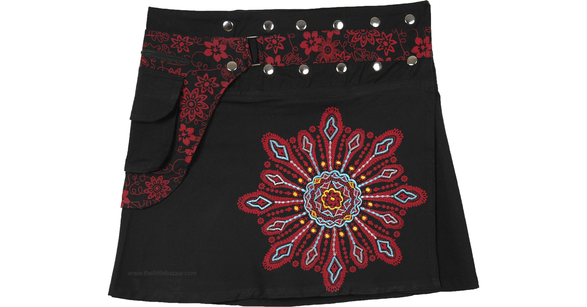 Black Snap Wrap Short Skirt with Red Floral Fanny Pack | Short-Skirts ...