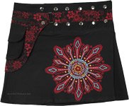Black Snap Wrap Short Skirt with Red Floral Fanny Pack