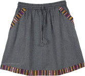 Steel Grey Cotton Short Skirt with Pocket and Woven Hem
