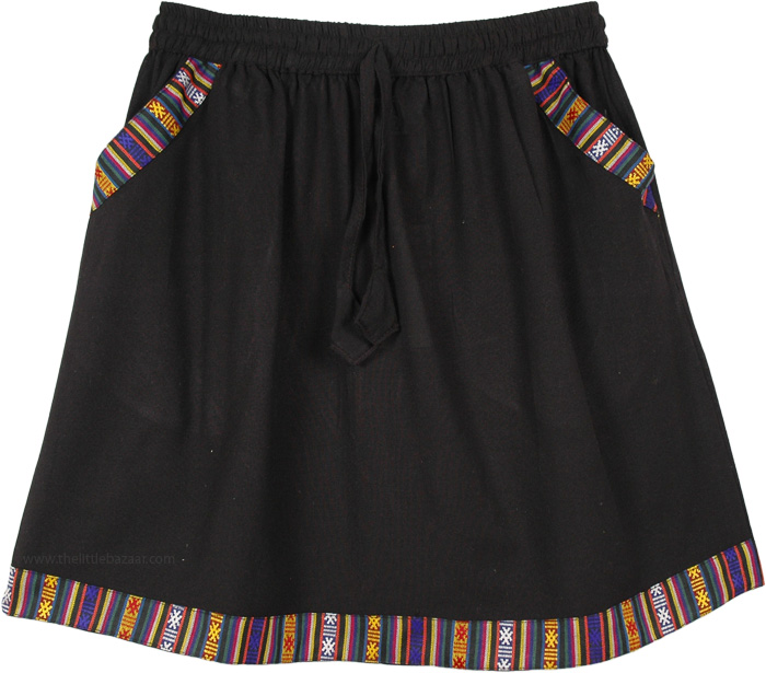 Black Short Cotton Skirt with Pocket and Woven Hem