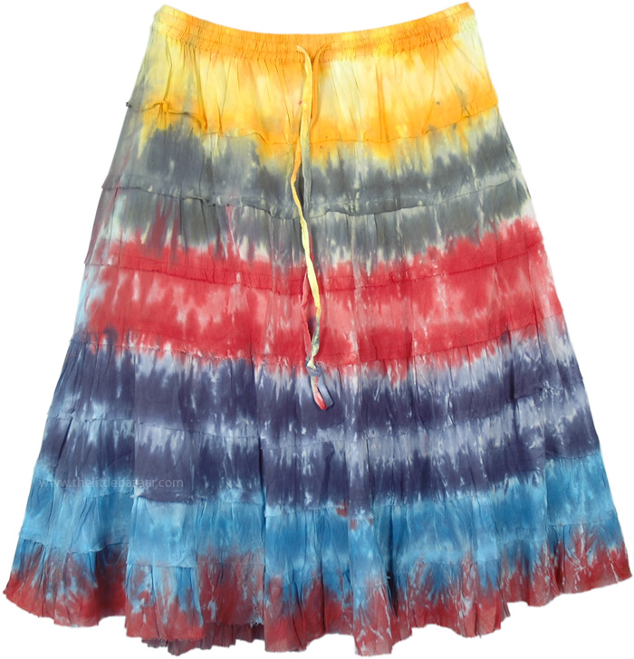 Tiered Cotton Short Skirt Tie Dye Color Flames
