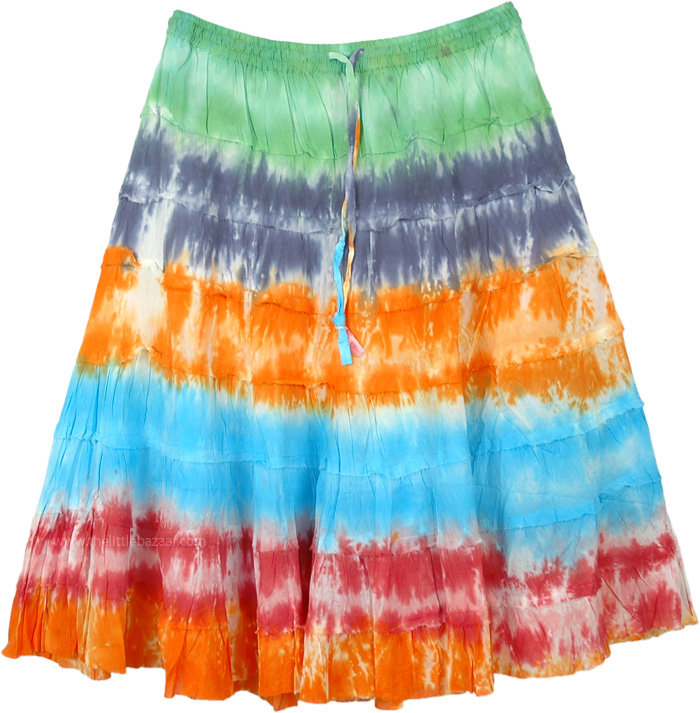 Colorful Gypsy Skirt with Adjustable Waist and Multiple Tie Dye, Tie Dye Color Parade Tiered Cotton Short Skirt