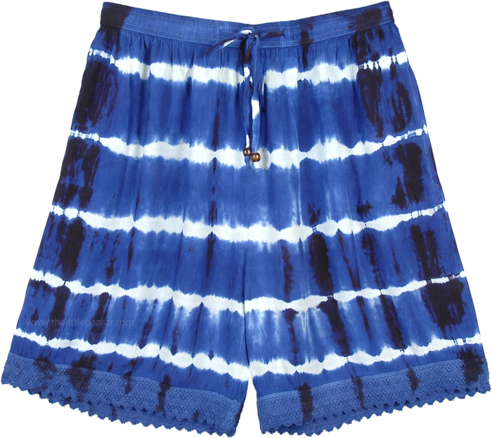 Summer Fun Tie Dye Street Shorts with Pockets, Persian Blue Tie Dye Beach Summer Shorts