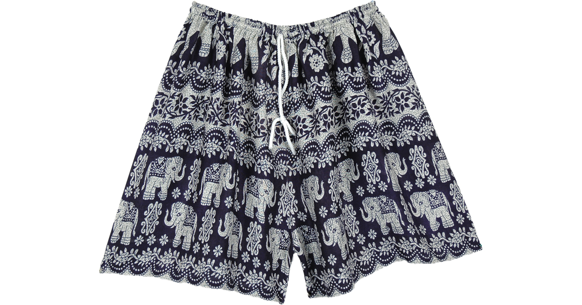 Elephant Print Beach Shorts with Elastic Waist Shorts Blue Junior