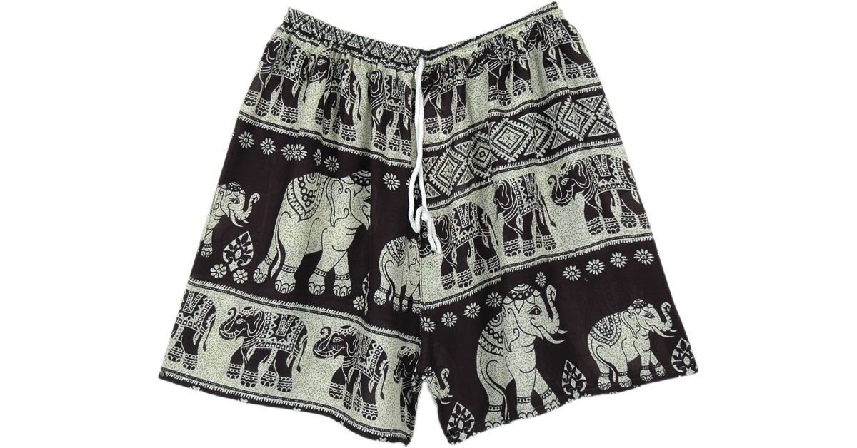 White and Black Elephant Shorts with Drawstring