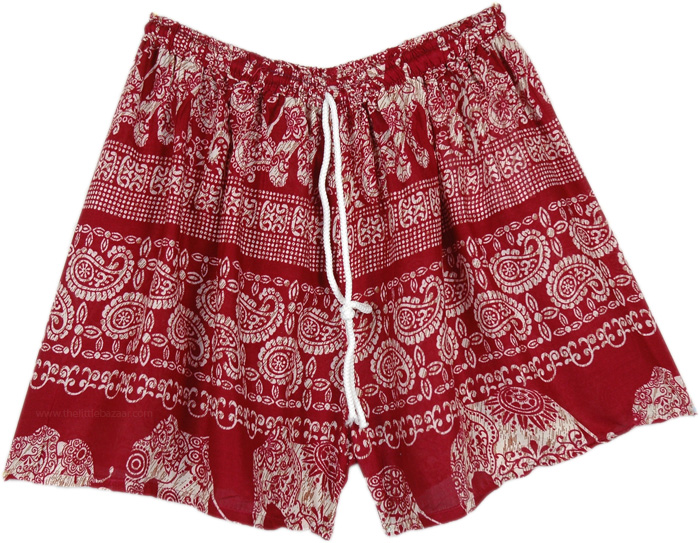 Thai Elephant Red and White Rayon Beach Shorts, Shorts, Red