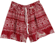 Thai Elephant Red and White Rayon Beach Shorts