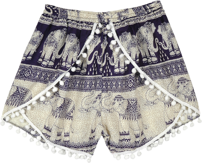 Navy Blue Cross Shorts with Pom Poms and Elephant Print