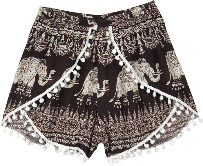 Black White Elephant Print Shorts in Cross Design Cotton Poms | Shorts ...