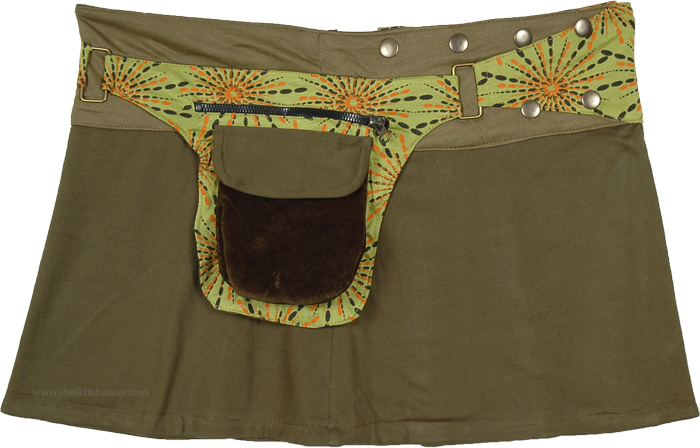 Olive Green Mini Skirt Snap Wrap Around with Velvet Pocket