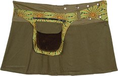 Olive Green Mini Skirt Snap Wrap Around with Velvet Pocket