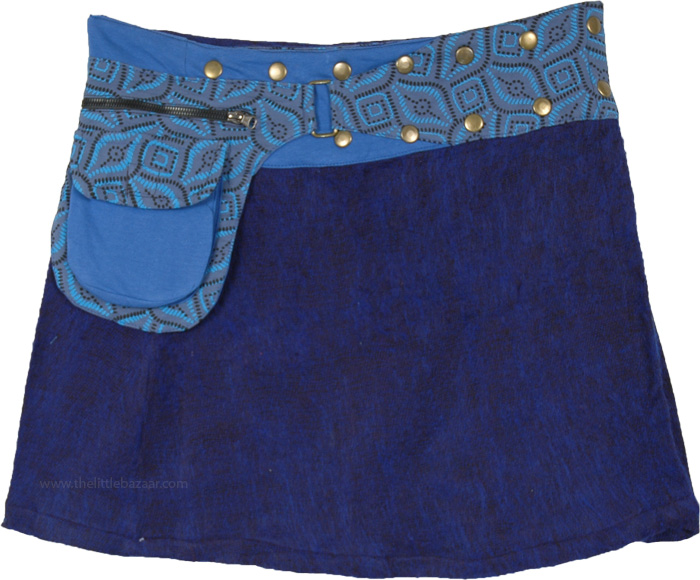 Royal Blue Mini Skirt with Waist Pocket and Snap Buttons, Wool Button Wrap Mini Skirt in Blue Fanny Pack