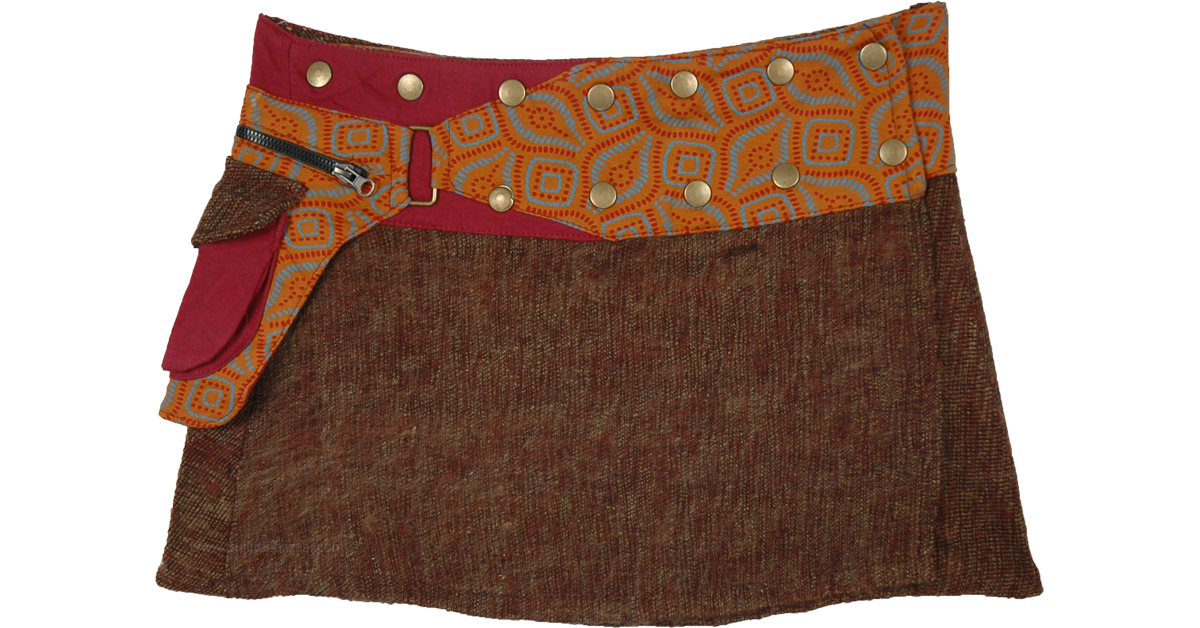 Nutmeg Brown Button Wrap Mini Skirt with Fanny Pack ShortSkirts