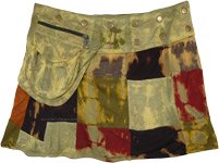 Olive Toned Snap Wrap Tie Dye Patchwork Mini Skirt