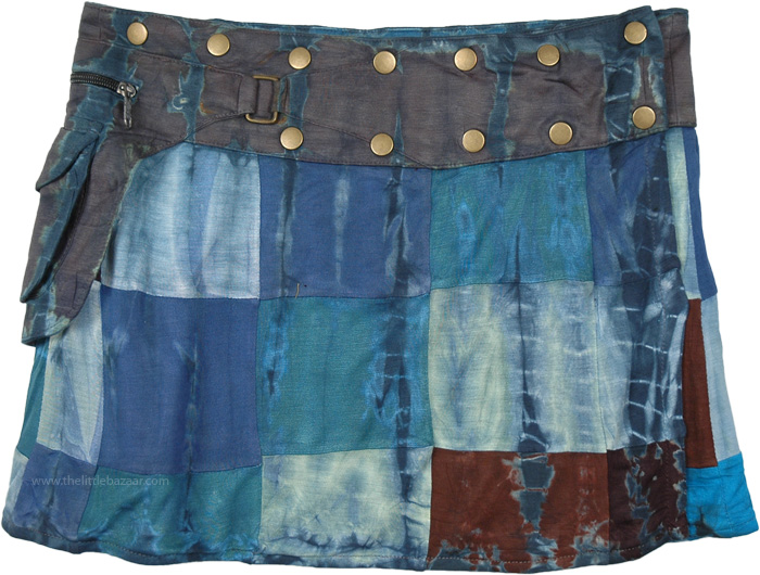 Atlantis Blue Button Wrap Patchwork Mini Skirt | Short-Skirts | Blue ...