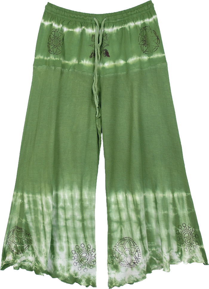 Leaf Green Boho Tie Dye Capri Pants, Short-Skirts, Green