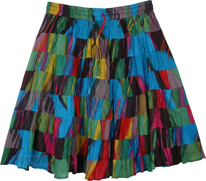 Hippie Short Skirt in Blue with Patchwork Tiers | Short-Skirts | Blue ...