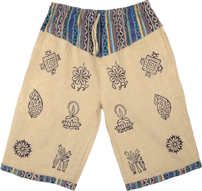 Cotton Washed Calico Beige Long Shorts with Block Print