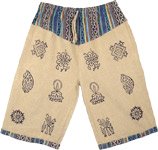 Unisex Cotton Long Shorts in Beige and Blue with Block Print [7582]