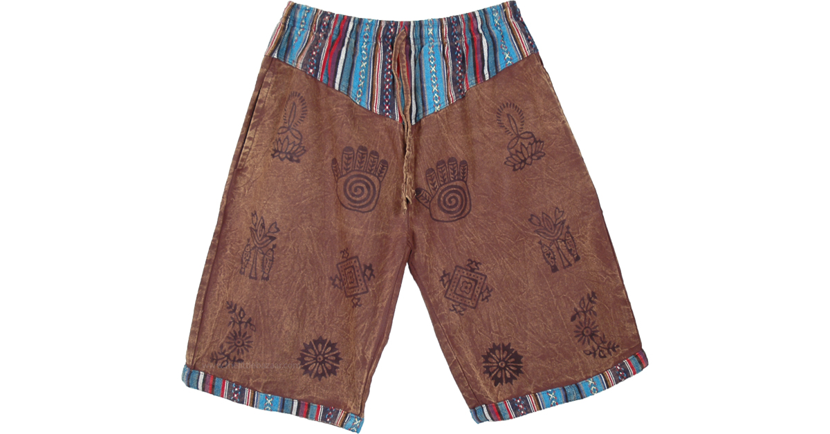 Brown Block Printed Cotton Washed Tribal Long Shorts | Shorts | Brown ...