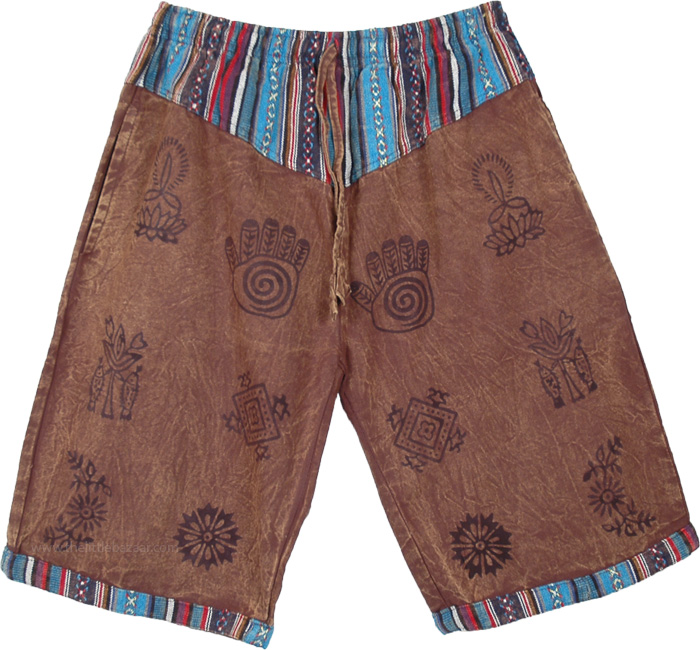 Brown Block Printed Cotton Washed Tribal Long Shorts