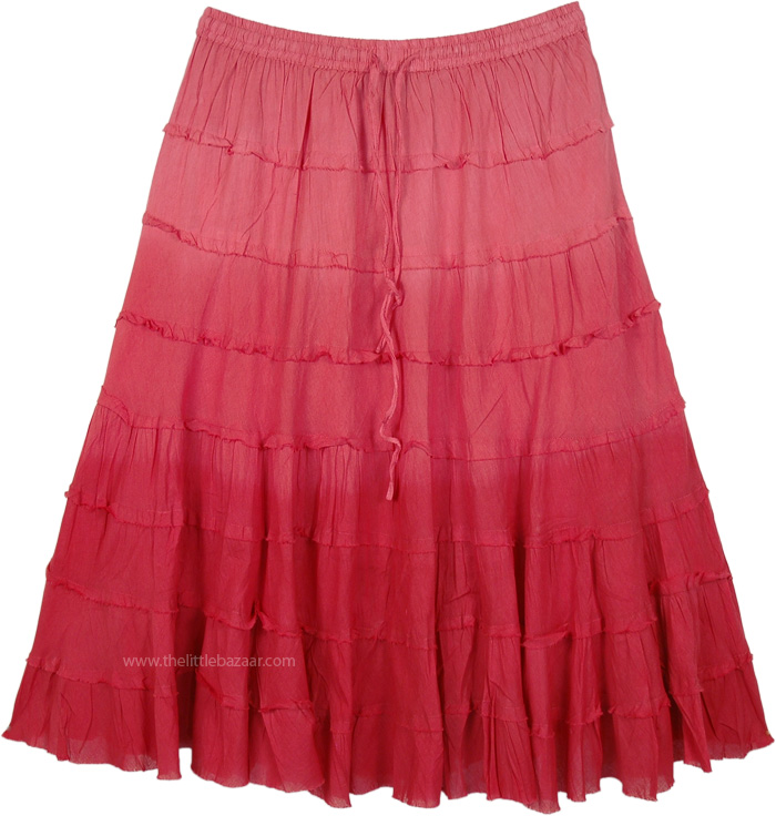Rosy Red Ombre Tiered Summer Knee Length Skirt