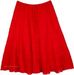 Solid Red Cotton Skirt with Panels and Drawstrings [7745]