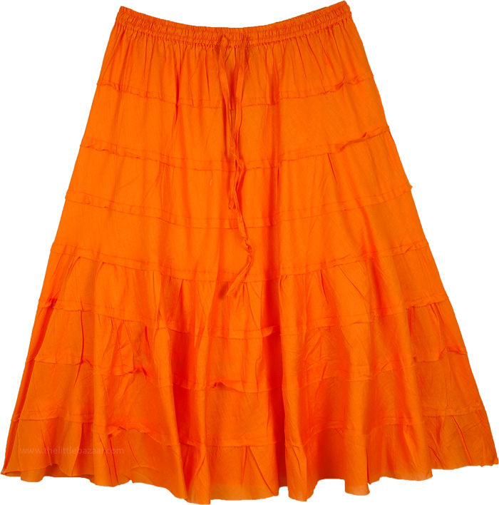 Flared Cotton Skirt in Orange with Panels, Orange Poppy Elastic Waist Tiered Short Skirt
