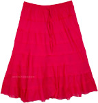 Solid Pink Cotton Skirt in Tiers and Drawstrings [7750]