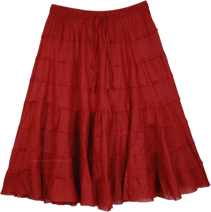 Burgundy Cotton Short Skirt with Tiers