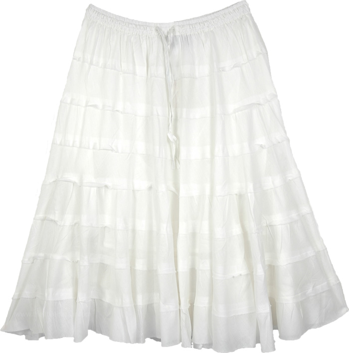 Solid White Knee Length Tiered Summer Skirt