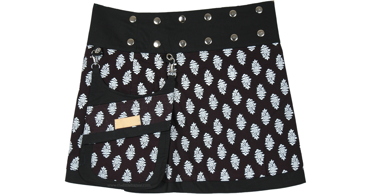 Reversible Button Wrap Black Short Skirt with White Buds Short