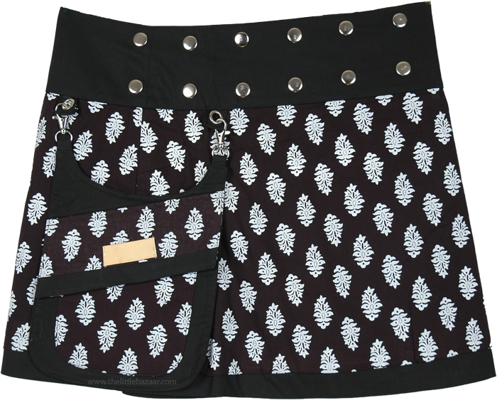 Reversible Button Wrap Black Short Skirt with White Buds