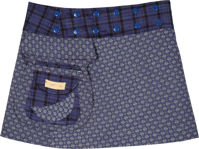 Buttoned Waist Reversible Blue Checkered Wrap Short Skirt