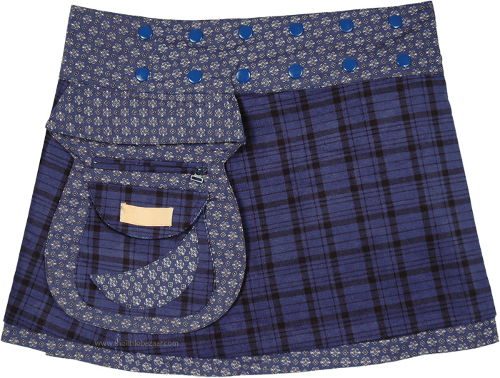 Buttoned Waist Reversible Blue Checkered Wrap Short Skirt