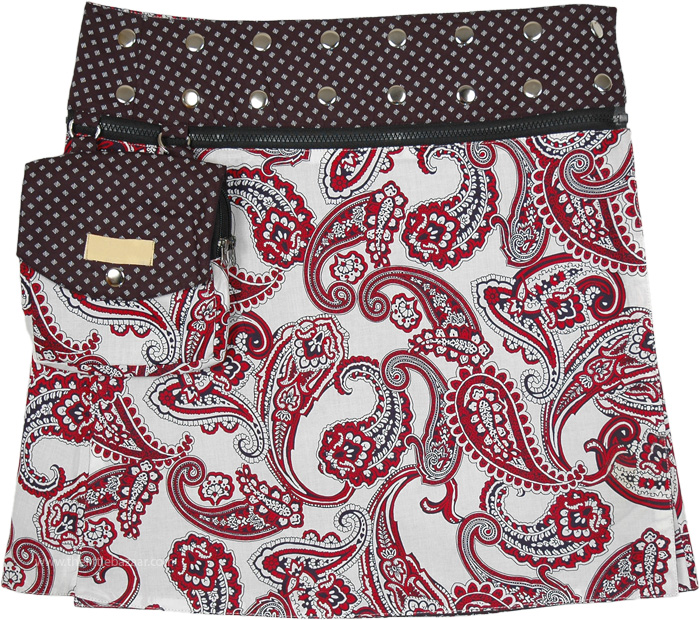 Brown Bohemian Paisley Printed Reversible Button Wrap Skirt